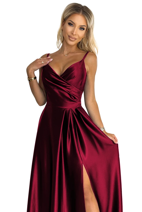 299-13 CHIARA eleganta maxi garā satīna kleita uz lencēm - BORDO