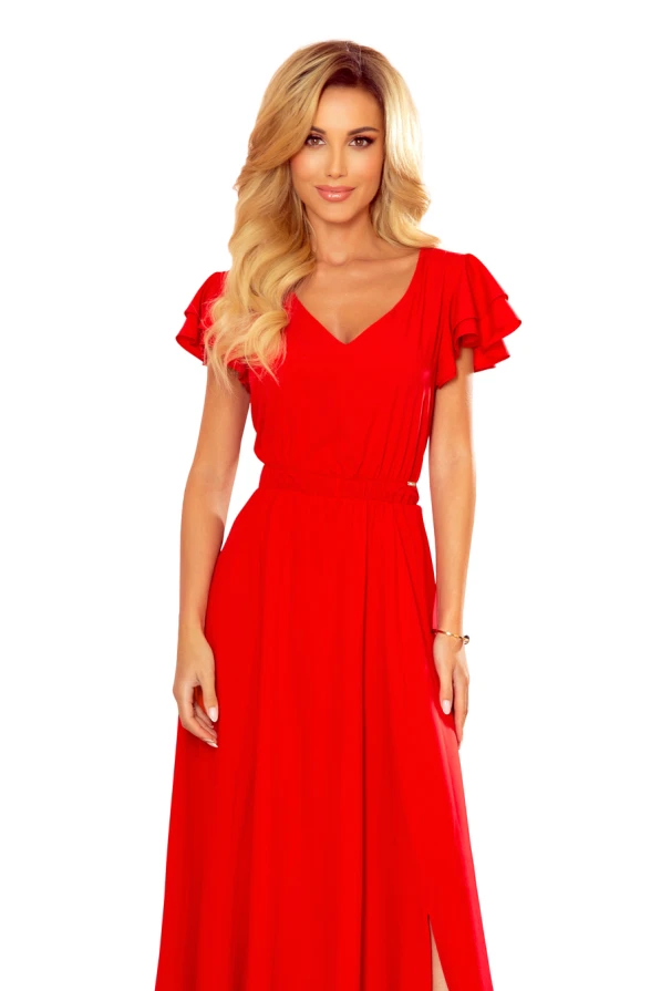 Garā sarkanā kleita ar V veida izgriezumu un īsām, volānveida piedurknēm piešķir eleganci un sievišķību. Kleita ir ideāli piemērota svinīgiem pasākumiem, izceļot valkātājas stilu un šarmu.