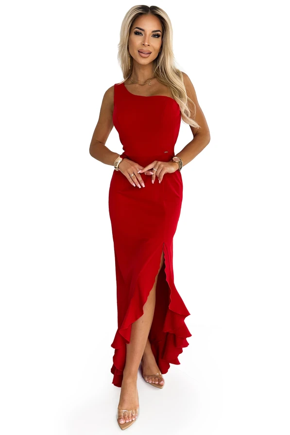 Garā sarkanā kleita ar platu volānu apakšā un augstu šķēlumu priekšpusē piešķir eleganci un sievišķību. Bezpiedurkņu dizains un pieguļošs siluets izceļ augumu un rada izsmalcinātu izskatu.